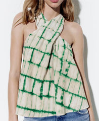 Halterneck Printed Pleated Sleeveless Short Vest