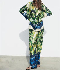 Retro Printed Long Sleeved Shirt Loose Outer Wear Polo Collar Mid Length Top Set