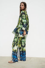 Retro Printed Long Sleeved Shirt Loose Outer Wear Polo Collar Mid Length Top Set