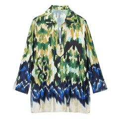 Retro Printed Long Sleeved Shirt Loose Outer Wear Polo Collar Mid Length Top Set
