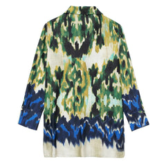 Retro Printed Long Sleeved Shirt Loose Outer Wear Polo Collar Mid Length Top Set