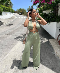 Irregular Asymmetric Lace up Wrapped Chest Loose Wide Leg Jumpsuit