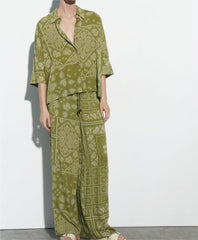 Wind Long Sleeve Loose Paisley Printed Shirt Elastic Waist Pants Set