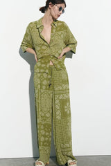 Wind Long Sleeve Loose Paisley Printed Shirt Elastic Waist Pants Set