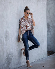 Short Sleeved Loose Zebra Print Shirt