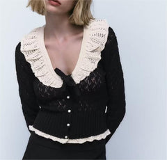 Knitted Cardigan Sweet Stitching Laminated Decoration