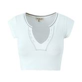U Collar Short Sleeve Solid Color Knitted Top