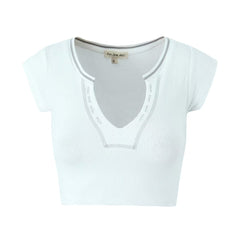 U Collar Short Sleeve Solid Color Knitted Top