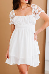 White Square Neck Lace Contrast Ruffles Bow Back A Line Mini Dress