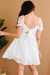 White Square Neck Lace Contrast Ruffles Bow Back A Line Mini Dress