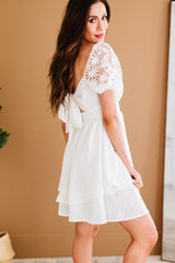 White Square Neck Lace Contrast Ruffles Bow Back A Line Mini Dress