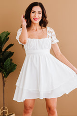 White Square Neck Lace Contrast Ruffles Bow Back A Line Mini Dress