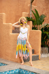 Jupe de plage longue à franges, jupe à bretelles réglables en tricot