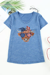 Sky Blue American Flag Cow Head Print V Neck Graphic T Shirt