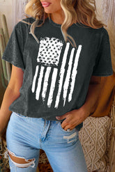 Black Vintage American Flag Graphic Print Crew Neck Top