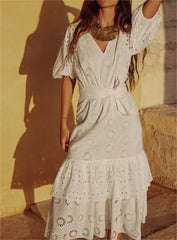 French White Moonlight Hollow Out Cutout with Belt Embroidered Dress