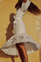 French White Moonlight Hollow Out Cutout with Belt Embroidered Dress