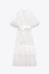 French White Moonlight Hollow Out Cutout with Belt Embroidered Dress