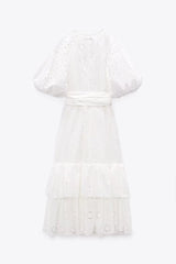 French White Moonlight Hollow Out Cutout with Belt Embroidered Dress
