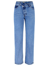 High Waist Loose Straight Small Horn Denim Trousers High Low Irregular Asymmetric Pants Street