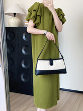 Robe droite verte à manches bouffantes, robe longue ample mi-longue à haute intensité