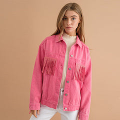 Chemise en jean à manches longues et col à pompons, difficile à détacher