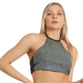 Gilet brillant une pièce enveloppé de strass sur la poitrine, à lacets, suspendu, haut tube à paillettes, performance sur scène