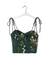 Haut court à lacets en mousseline de soie imprimé vintage français, taille fine et amincissante, avec cordon floral