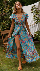 Robe portefeuille à imprimé floral décontracté pour les vacances