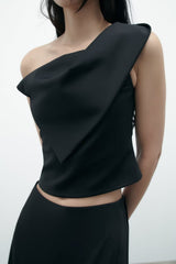 Irregular Asymmetric Short Top Black Oblique Shoulder Cropped Small Top