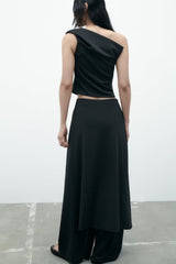 Irregular Asymmetric Short Top Black Oblique Shoulder Cropped Small Top