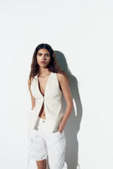 Shirt Halter Sleeveless Cardigan Slim Collared Backless Lace up Shirt