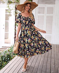 Square Collar Puff Short Sleeve Back Pleating Printed Dress
