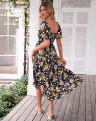Square Collar Puff Short Sleeve Back Pleating Printed Dress
