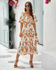 Square Collar Puff Short Sleeve Back Pleating Printed Dress