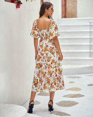 Square Collar Puff Short Sleeve Back Pleating Printed Dress
