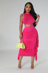 Solid Color High Waist Ruffles Crop Top Tight Fitting Vest Skirt Set
