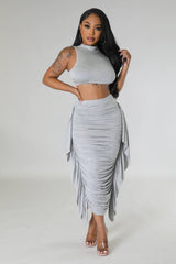 Solid Color High Waist Ruffles Crop Top Tight Fitting Vest Skirt Set