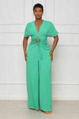 Solid Color V neck Batwing Sleeve Hollow Out Cutout Lace up Jumpsuit