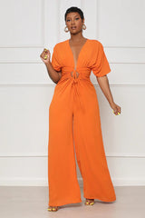 Solid Color V neck Batwing Sleeve Hollow Out Cutout Lace up Jumpsuit