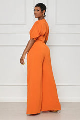 Solid Color V neck Batwing Sleeve Hollow Out Cutout Lace up Jumpsuit