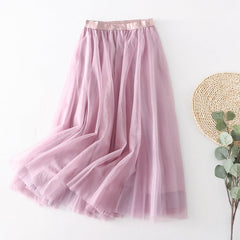 Skirt Pleated Mesh Skirt Mid Length A line Skirt