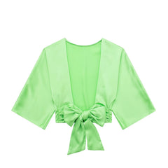 Wind Bowknot Decoration Silk Satin Textured Shirt Set