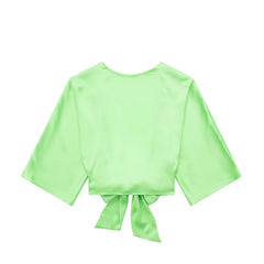 Wind Bowknot Decoration Silk Satin Textured Shirt Set
