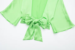 Wind Bowknot Decoration Silk Satin Textured Shirt Set