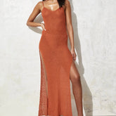 Robe de vacances sans manches, coupe slim, transparente, à bretelles, en tricot, fendue, dos nu