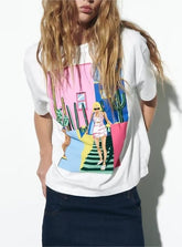 T-shirt blanc à manches courtes et col rond en coton imprimé beauté