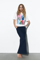 White Cotton Short Sleeved Shirt Round Neck Loose Beauty Printed T shirt