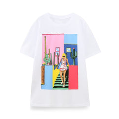 White Cotton Short Sleeved Shirt Round Neck Loose Beauty Printed T shirt