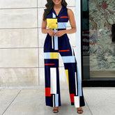 Eleganter Jumpsuit, bedruckt, ärmellos, V-Ausschnitt, eleganter Jumpsuit
